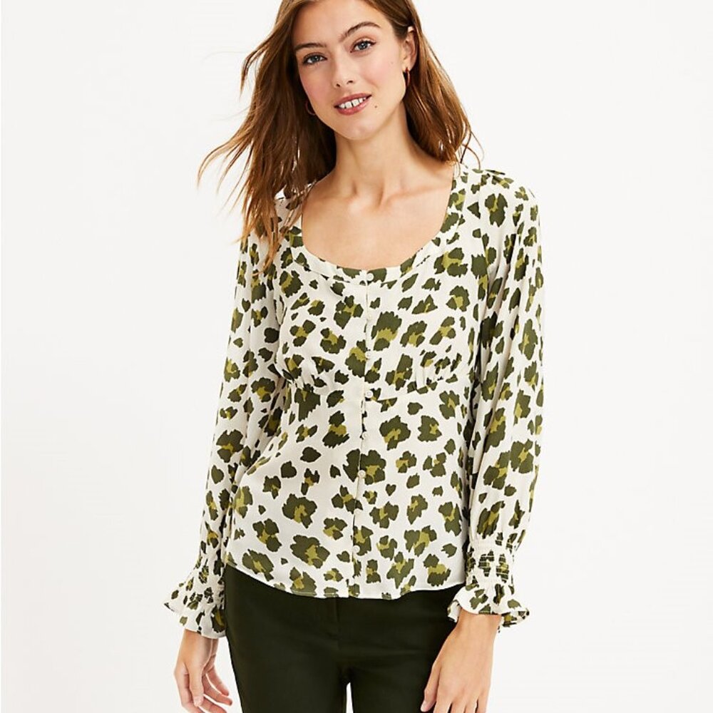 Cheetah Print Smocked Cuff Square Neck Blouse